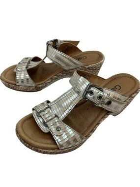 Gabor Shannon Metallic Leather Buckle Strap Wedge Sandals Womens 6.5 Taupe Silve